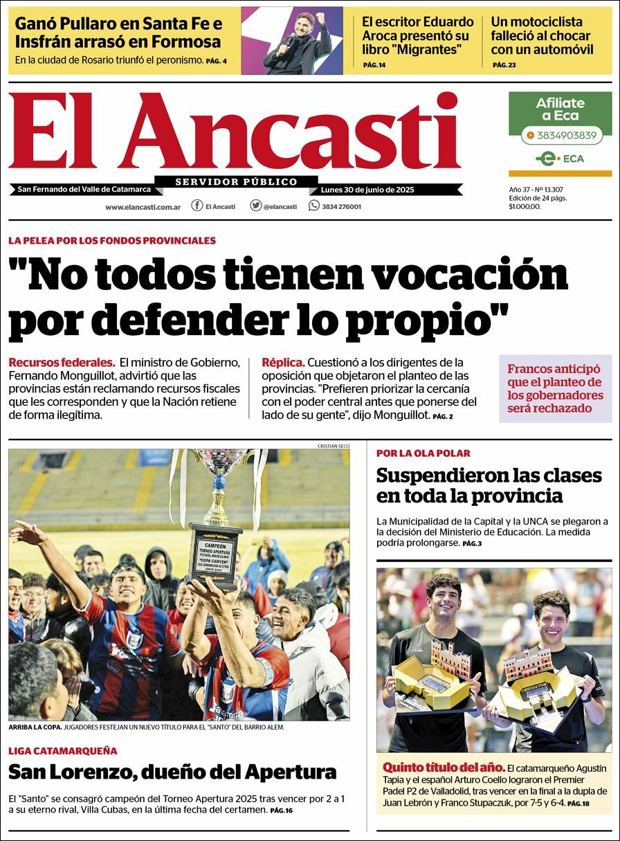 Media Panel - Developments and Systems | Ovacion Futbol - Tapa del diario El Ancasti